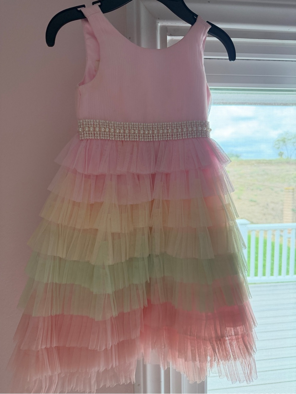 American Princess Pink Pastel Ombre Tiered Tulle Dress with Pearl Waistband
